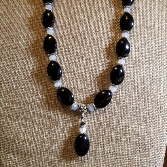 3pc Oval Black Agate Necklace, Bracelet & Earrings - Picture 2 of 5
